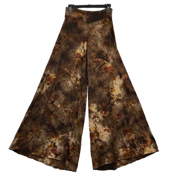 Hippie Boho Festival Brown Floral Tie Dye Pull On Knit Flare Pants Size Small - Picture 1 of 7